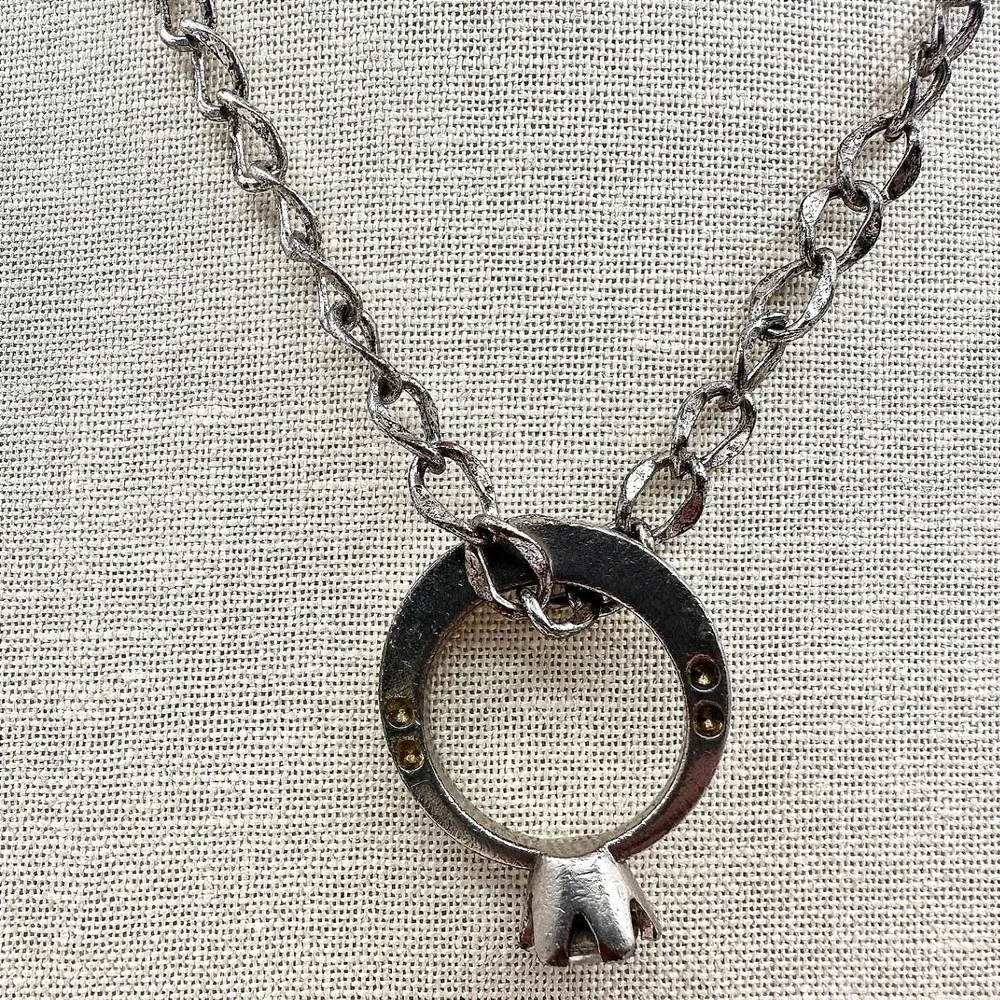 Vintage 90s Clear Rhinestone Ring Pendant Necklace‎ Silver Tone Curb Chain